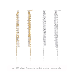 Pendientes de Borla en Plata de Ley S925 Con Circonita Baguette Moda Larga Cadena Flexible Línea de Oreja Joyería para Mujer
