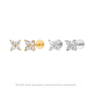 925 Sterling Silber Vierblättriges Kleeblatt Ohrstecker Zirkonia Vergoldet Flatback Labret Schraubgewinde Schmuck Für Damen