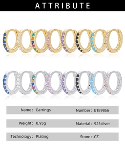 Detailed chart showing 925 sterling silver hoop earrings with colorful cubic zirconia