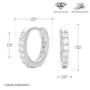 Detailed dimensions of S925 sterling silver huggie earrings with 5A grade zircon stones