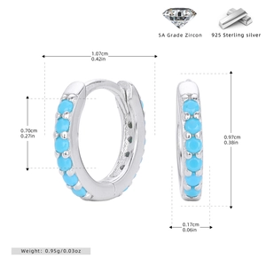 Detailed size specifications for S925 sterling silver hoop earrings with blue zircons