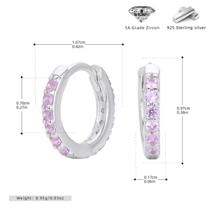 Detailed dimensions of 925 sterling silver huggie earrings with pink cubic zirconia