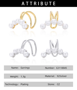 Detail view of gold and silver S925 sterling silver ear cuffs with pearls and CZ stones