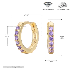 Detailed size specifications of S925 sterling silver hoop earrings with purple zircons
