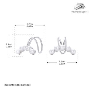 Detailed size chart for S925 sterling silver pearl ear cuffs with weight information