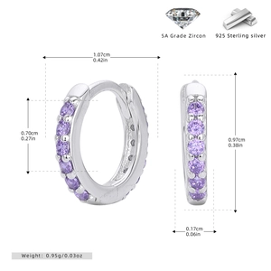Detailed size chart of S925 sterling silver hoop earrings with purple cubic zirconia