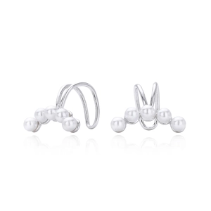 Elegant S925 sterling silver ear cuffs with five arched pearls on white reflective surface