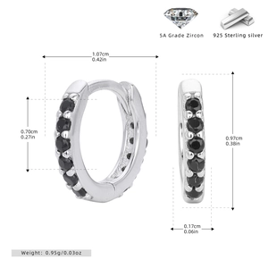 Detail view of 925 sterling silver hoop earrings with black 5A cubic zirconia stones