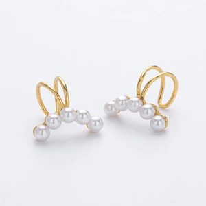 Elegant pair of S925 sterling silver gold-plated ear cuffs with curved pearl inlay