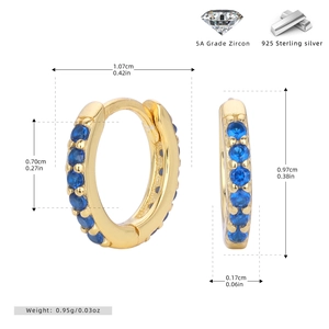 Detailed size chart of S925 sterling silver hoop earrings with 5A blue zircon stones