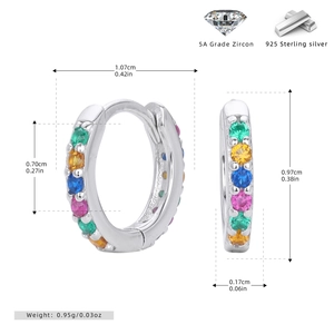 Detailed close-up of 925 sterling silver hoop earrings with vibrant multi-color zircon stones