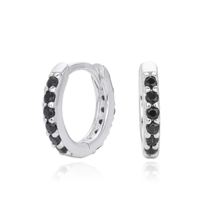 S925 sterling silver hoop earrings featuring a row of elegant black cubic zirconia stones