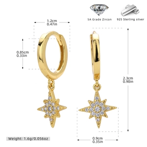 Detailed view of S925 silver gold-plated star earrings with shiny zircon stones