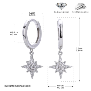 Detailed size and material chart of 925 sterling silver star earrings with zircons