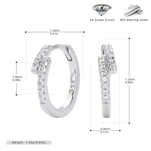 Detailed dimensions of S925 silver hoop earrings with cubic zirconia inlay and measurements
