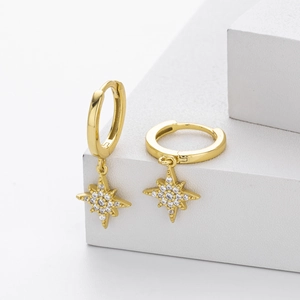 Elegant gold S925 silver star earrings with cubic zirconia on white background