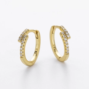 Macro shot of gold S925 silver hoop earrings with dual rows of sparkling cubic zirconia