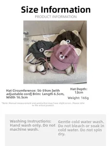 Size chart for bear plush ear flap hat showing dimensions 56-59cm and washing guide