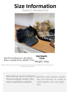 Detailed size chart and care guide for plaid embroidered ear-protection baseball caps