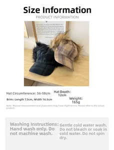 Size chart showing dimensions and washing instructions for the plush trapper earflap hat