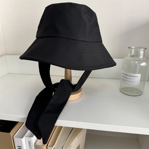 Women Japanese Minimalist Polyester Black Bucket Hat With Wide Lace-Up Bow Sunshade Breathable Sun Hat For Travel Daily