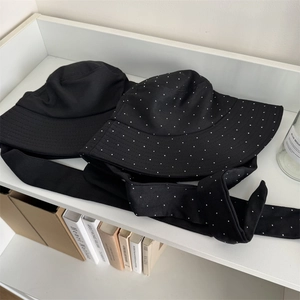 Japanese style breathable black sun hat with long ribbon ties for women outdoor beach wear