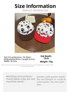 Size chart for embroidered baseball caps featuring dog paw prints and contrast brim colors