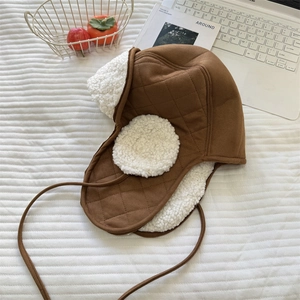 Winter thermal trapper hat with brown faux suede, thick fleece lining and ear flaps