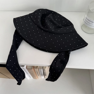 Black cotton sun hat with silver micro-studs and long decorative fashion ties