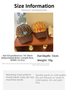 Detailed sizing chart and specifications for plaid baseball cap with heart embroidery