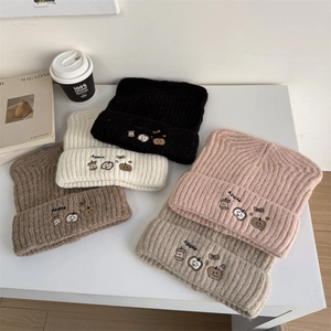 Japanese Cute Cat Ears Apple Embroidery Knit Beanie Hat For Women Autumn Winter Warm Ribbed Skull Cap Sweet Headwear
