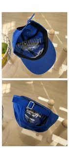 Detail of blue baseball cap showing internal sweatband and adjustable silver metal buckle