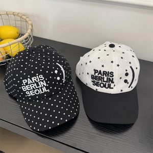 Gorra de Béisbol Estilo Coreano para Mujer con Bordado de Estrellas y Lunares Paris Berlin Seoul Cara Sonriente Ajustable