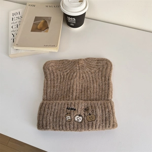 Cute brown knit hat with cat ears and apple embroidery for women in winter style