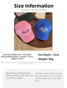 Size guide for floral embroidered cotton baseball cap with adjustable strap and care info
