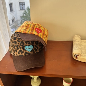 Yellow plaid and leopard baseball cap with corduroy brim and heart embroidery