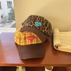 Vintage yellow plaid and leopard baseball caps with heart embroidery and corduroy brim