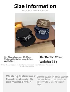 Size guide for flat top striped cap with 56-58cm adjustable strap and washing instructions