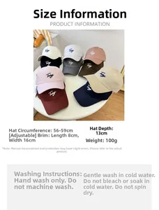 Size chart showing adjustable 56-59cm circumference for the lettered baseball cap