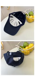 Detailed interior view of navy cotton baseball cap with adjustable silver metal buckle