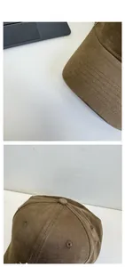 Detail of high-quality brown corduroy baseball cap with white embroidery and stitching