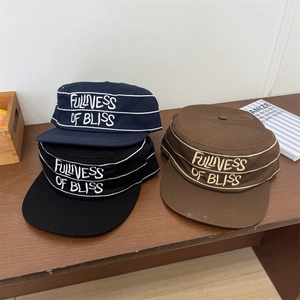 Retro striped flat top caps in navy, black, and brown with 'FULLNESS OF BLISS' embroidery