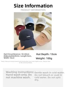 Detail view of cotton baseball cap showing embroidery logo and adjustable size dimensions