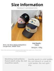 Size chart detail for embroidered bear baseball cap showing dimensions and care instructions