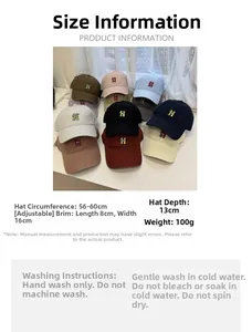 Detailed product dimensions and color variety guide for the H-embroidered baseball cap
