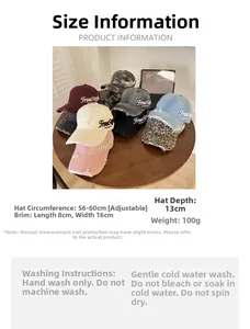 Detailed size guide and specifications for embroidered washed denim baseball cap