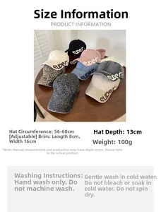 Size chart showing dimensions and care guide for distressed black cotton baseball cap