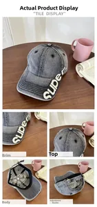 Detailed close-up of vintage grey baseball cap embroidery, metal buckle, and stitching