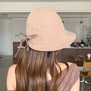 Women Plaid Double-Sided Bucket Hat Sun Protection Foldable Wide Brim Sun Hat With Bow Ribbon Casual Summer Sunshade Cap