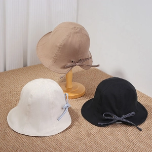 Plaid bow double-sided bucket hats for women in khaki, beige and black colors